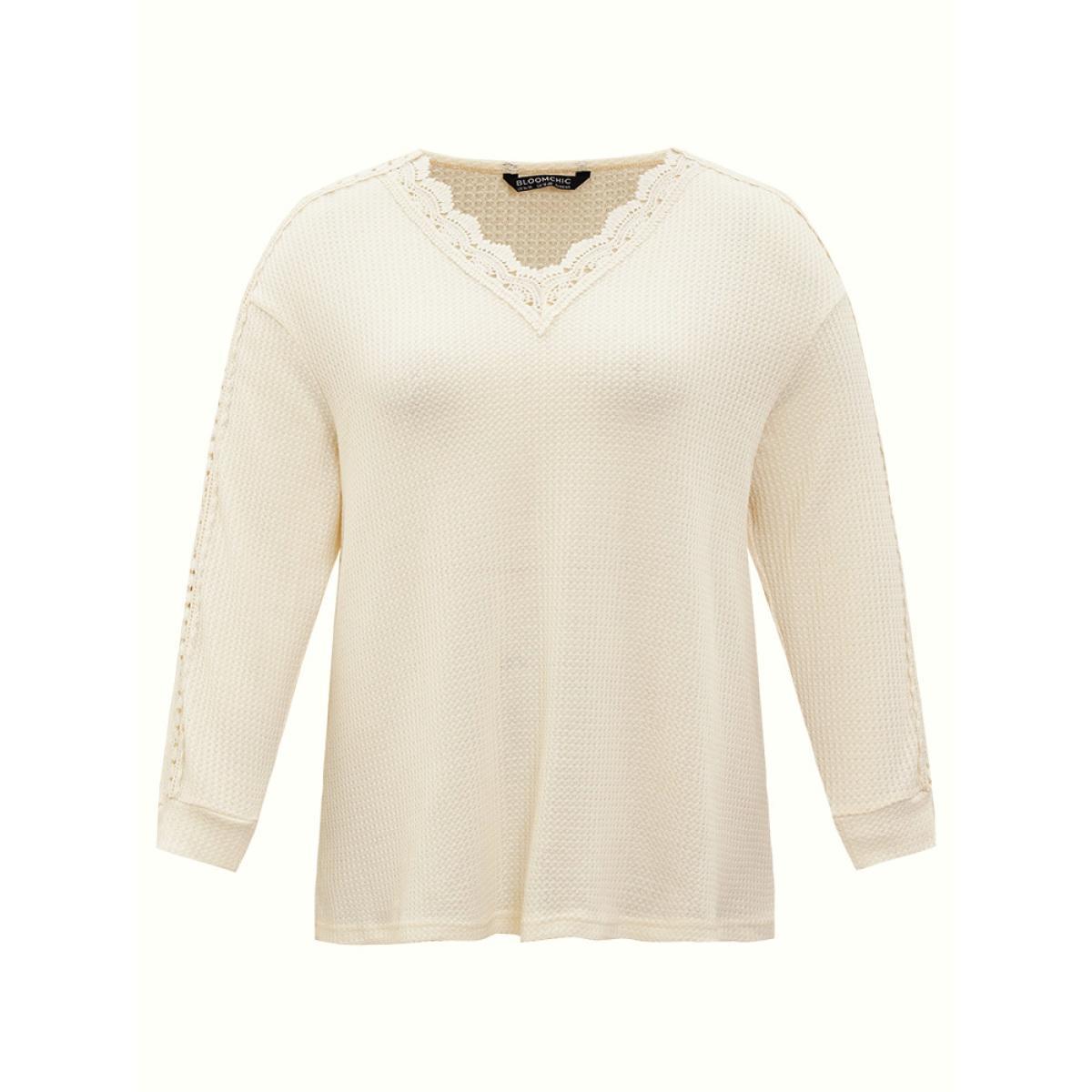 Plus Size Solid Crochet Lace V Neck Sweatshirt Women Ivory Elegant Lace V-neck Dailywear Sweatshirts BloomChic 30/6X Product Image