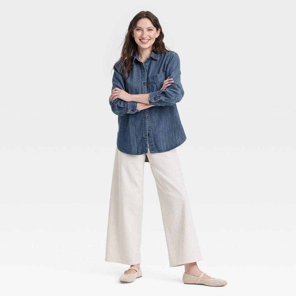 Women's Relaxed Fit Denim Button-Down Shirt - Universal Thread™ Dark Wash XS: Midweight, Front Pocket, Long Sleeve Product Image