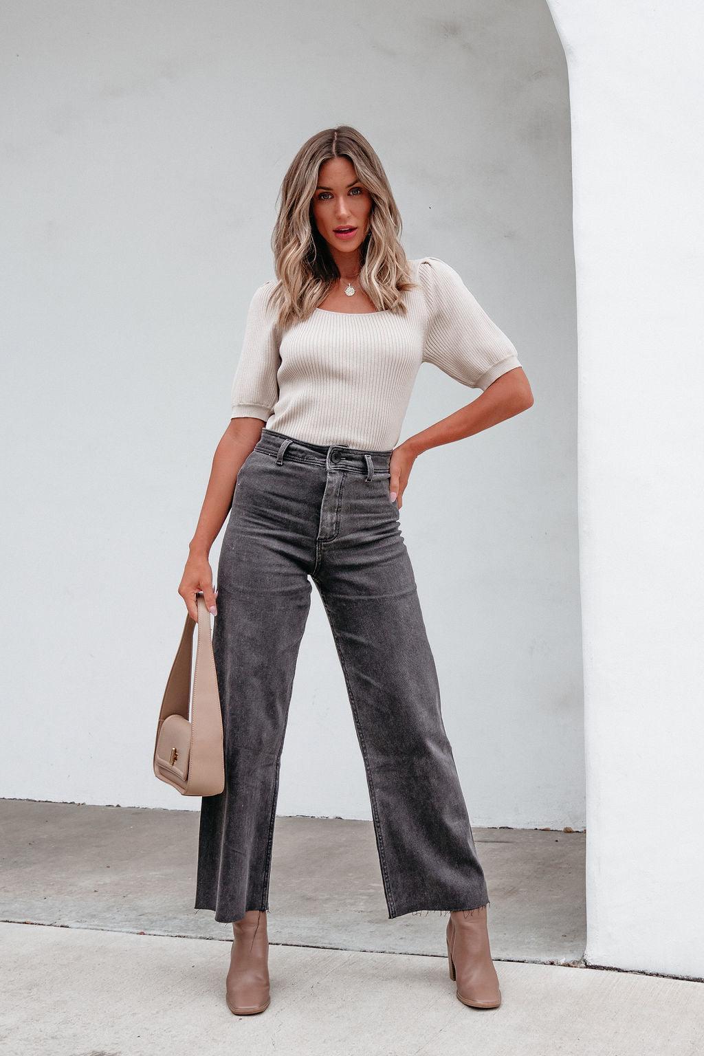 Beige Puff Sleeve Ribbed Sweater Top - FINAL SALE Product Image
