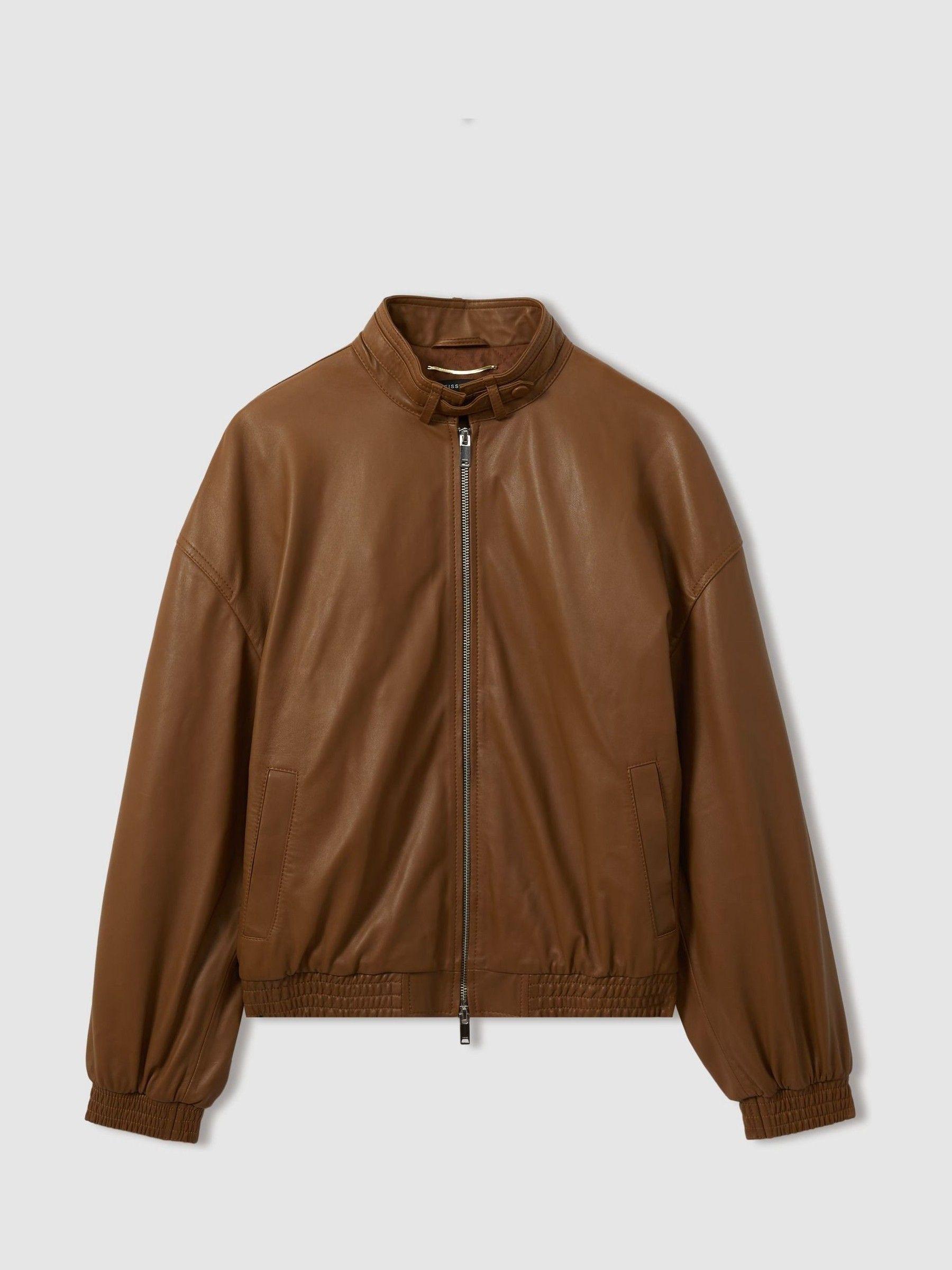 Atelier Leather Latched-Collar Bomber Jacket in Tan Product Image