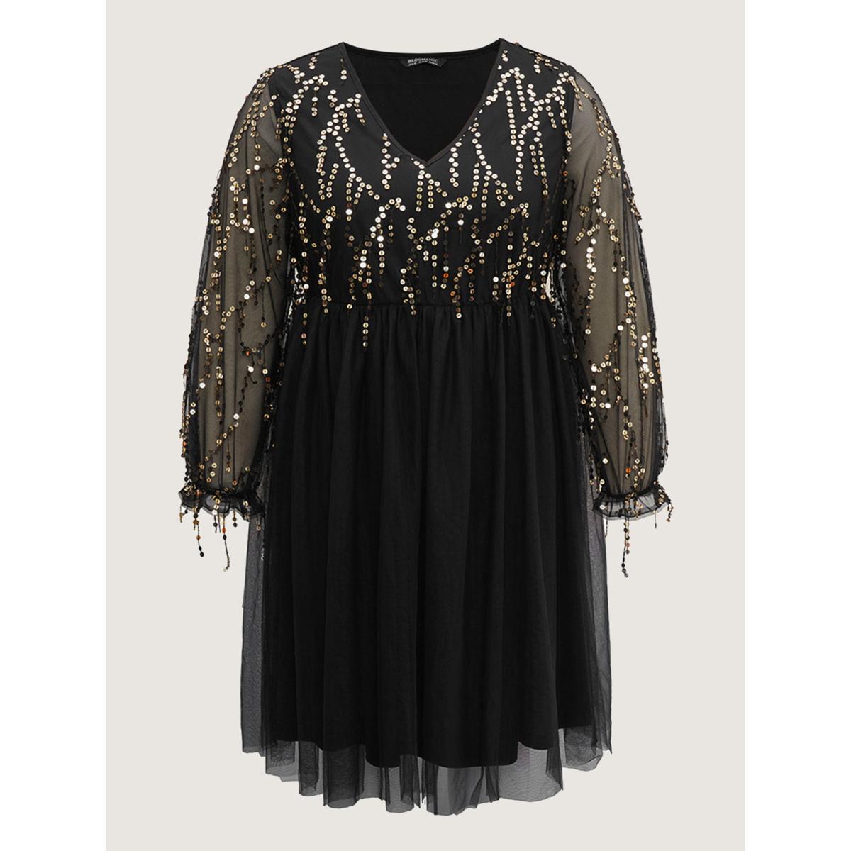 Plus Size Sequin Mesh Patchwork Tassel Dress Black Women Cocktail Gathered Overlap Collar Long Sleeve Curvy Knee Dress BloomChic 14-16/1X Product Image