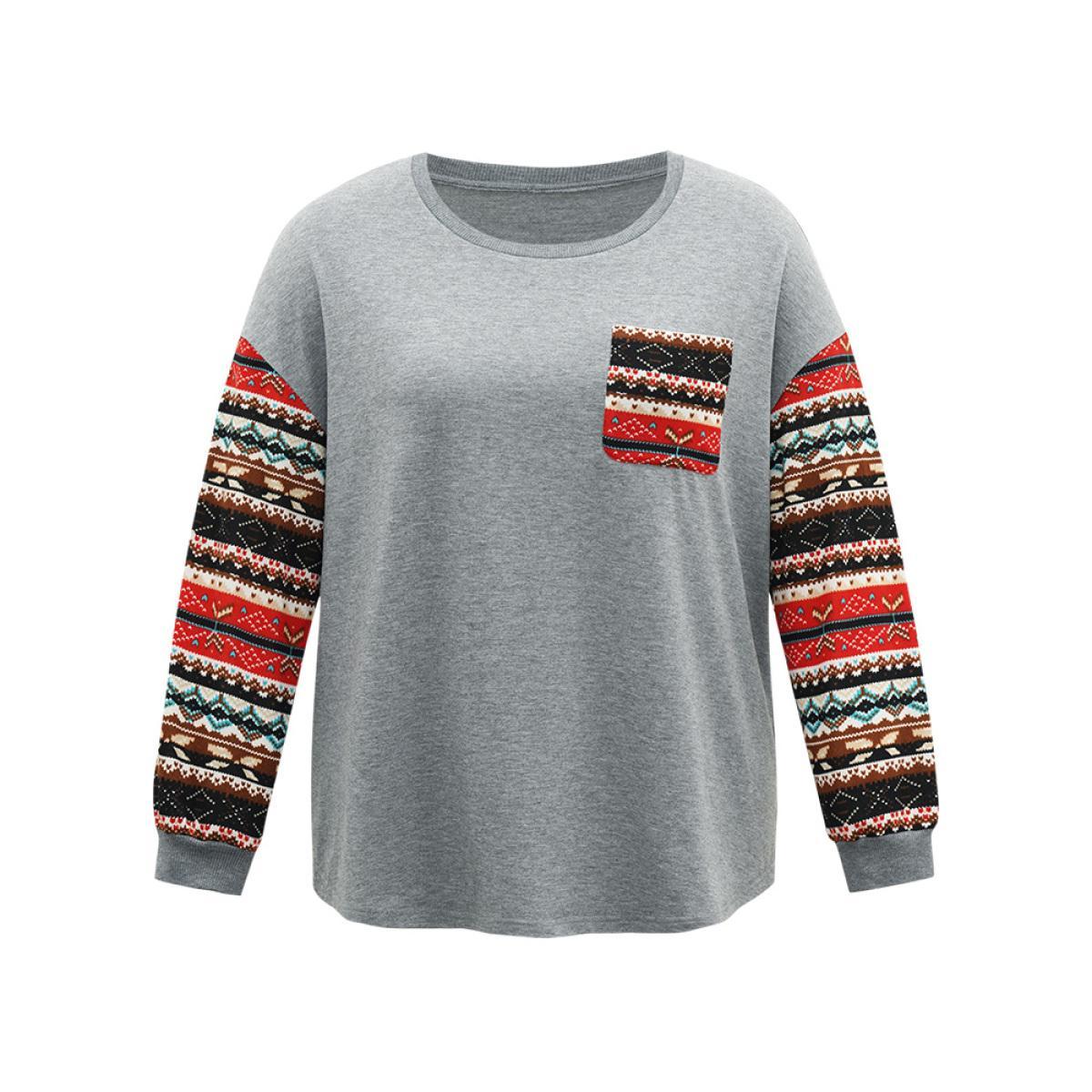 Plus Size Bandana Print Patchwork Patched Pocket Sweatshirt Women Gray Casual Elastic cuffs Round Neck Festival-Christmas Sweatshirts BloomChic 28/5X Product Image