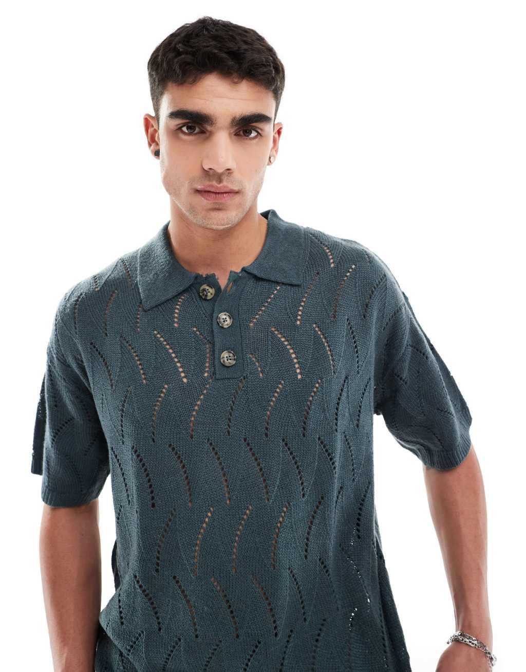 ASOS DESIGN oversized knitted pointelle polo in teal Product Image