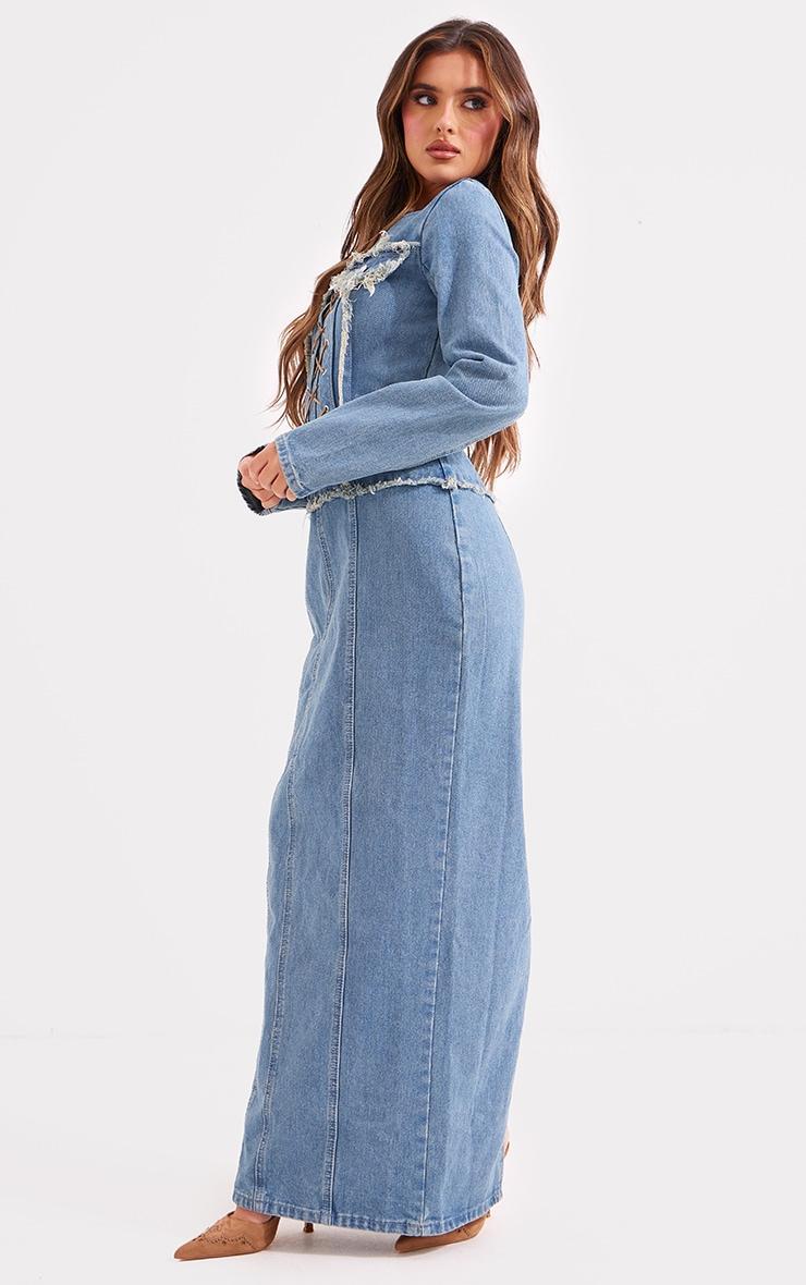 Light Blue Wash Freyed Pannel Detail Lace Up Maxi Denim Dress Product Image