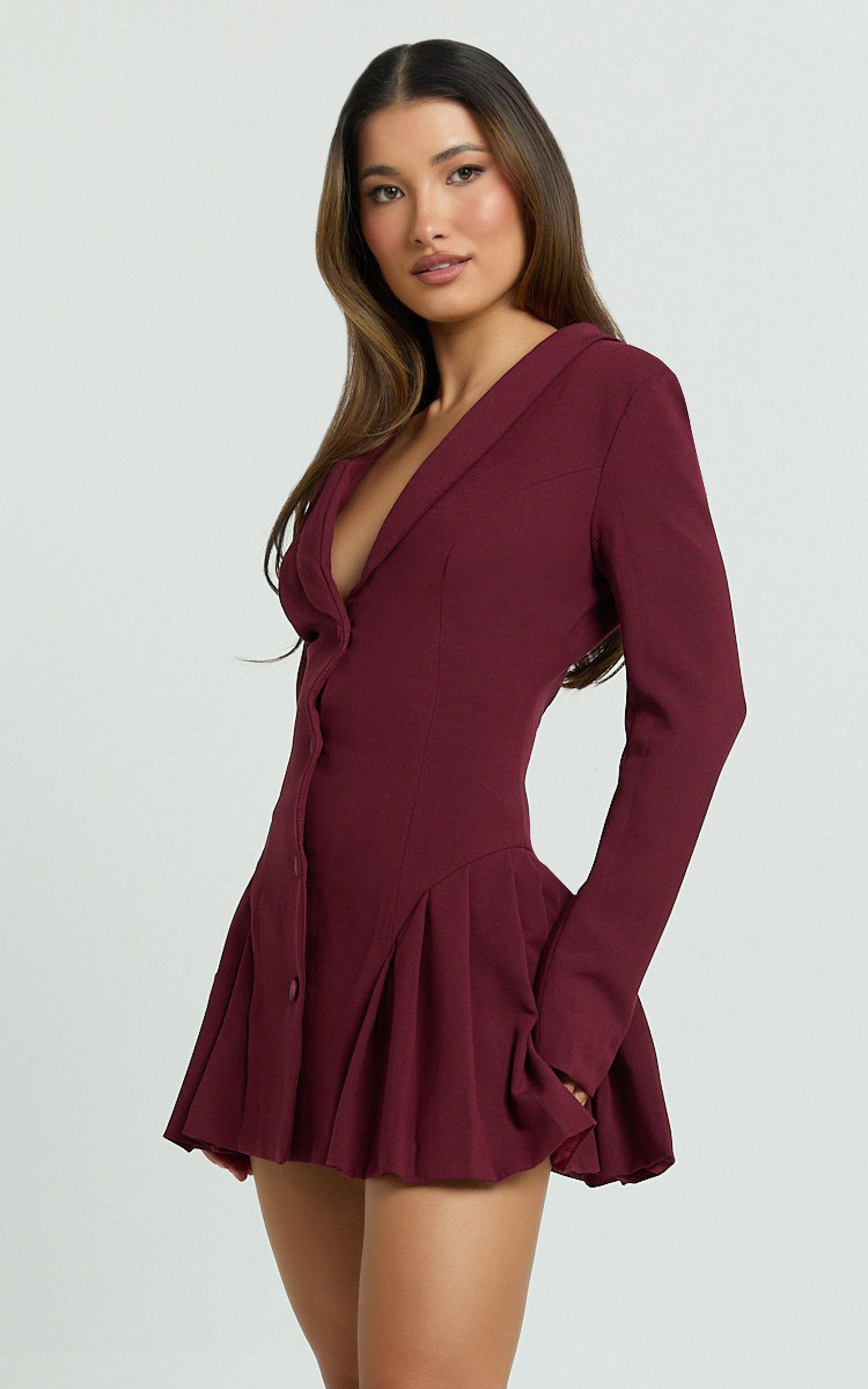 Bea Mini Dress - Collared Long Sleeve Fit And Flare Pleated Dress in Wine Product Image