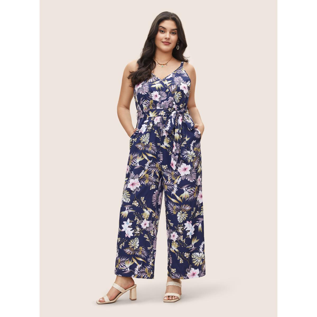 Vacation Floral Rouge Ties Sleeveless Plus Size Camisole Jumpsuits Women Holiday Vacation Spaghetti Strap Pocket Belt Dailywear Jumpsuits BloomChic Product Image