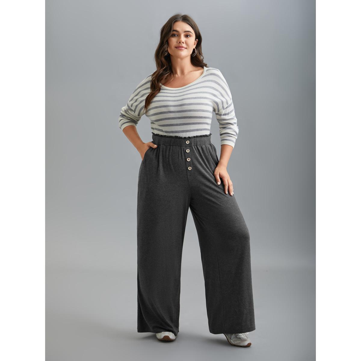 Plus Size Button-Front Ruffled Waist Stretchy Pants Women DimGray Casual Wide Leg Mid Rise Everyday Pants BloomChic 22-24/3X Product Image