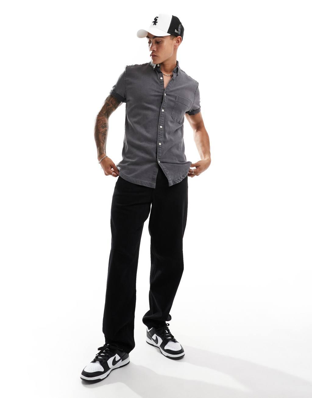 ASOS DESIGN slim fit stretch denim shirt in washed black Product Image