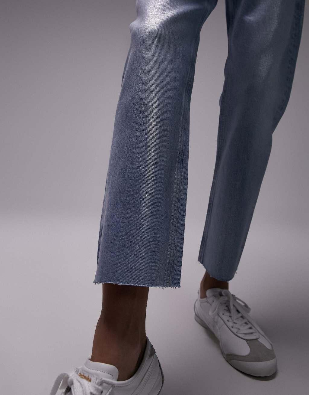 Topshop cropped mid rise foil straight jeans with raw hems in silver  Product Image