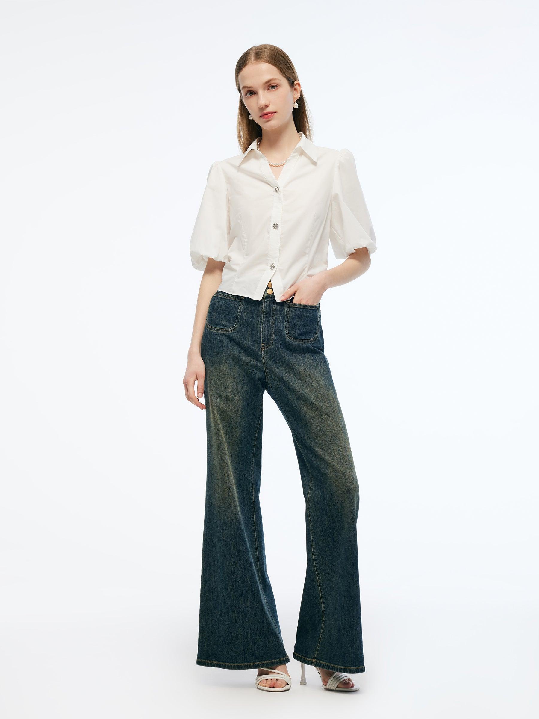 100% Cotton Puff Sleeve Women Shirt Product Image