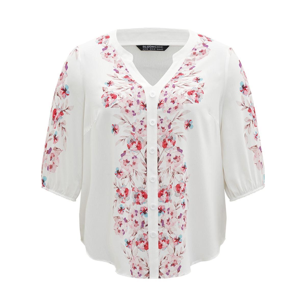Plus Size White Floral Print Button Detail Notched Lantern Sleeve Blouse Women Elegant Half Sleeve Notched collar Dailywear Blouses BloomChic 22-24/3X Product Image