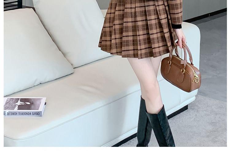 Set: Stand Collar Plaid Contrast Trim Button-Up Crop Jacket + High Waist Pleated Mini A-Line Skirt Product Image