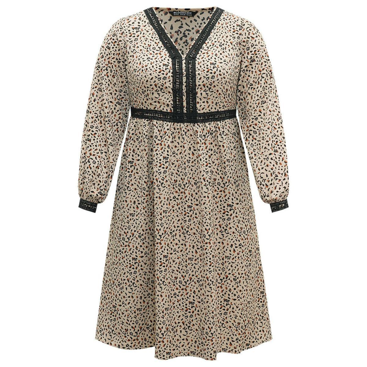Plus Size Leopard Pocket Guipure Lace Lantern Sleeve Dress Stone Women Vacation Elastic cuffs V-neck Long Sleeve Curvy Midi Dress BloomChic 18-20/2X Product Image