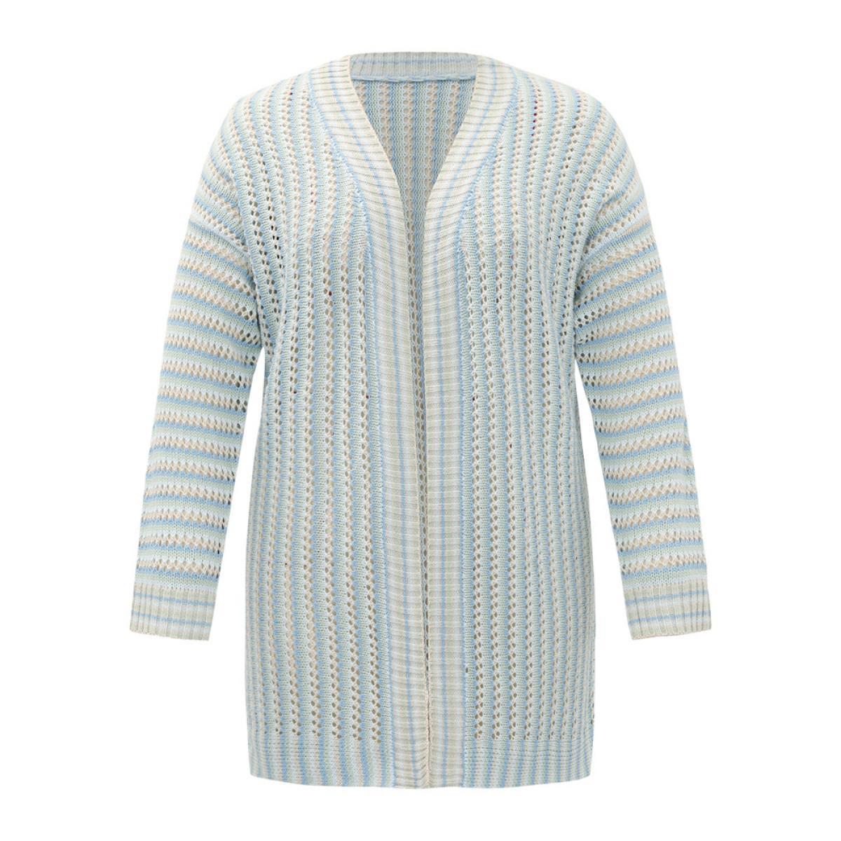 Plus Size Contrast Geo Eyelet Drop Shoulder Cardigan Multicolor Women Casual Loose Long Sleeve Dailywear Cardigans BloomChic 10/M Product Image