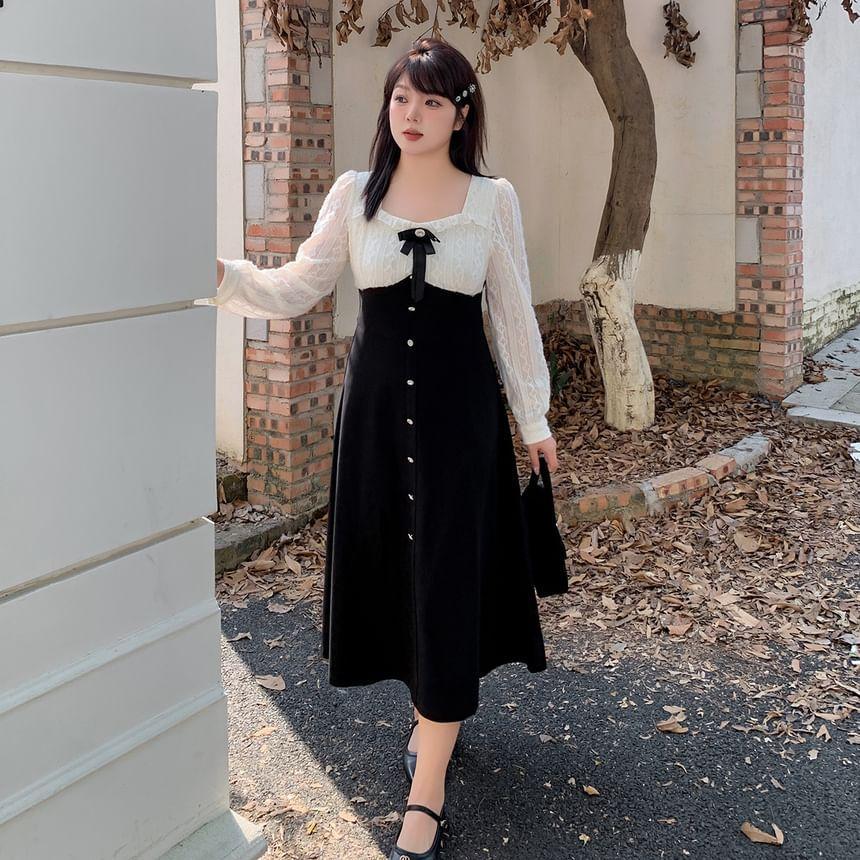 Plus Size Long-Sleeve Two Tone Lace Panel Button Midi A-Line Dress Product Image