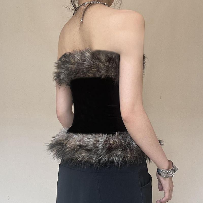 Faux Fur Trim Color-Block Tube Top Product Image
