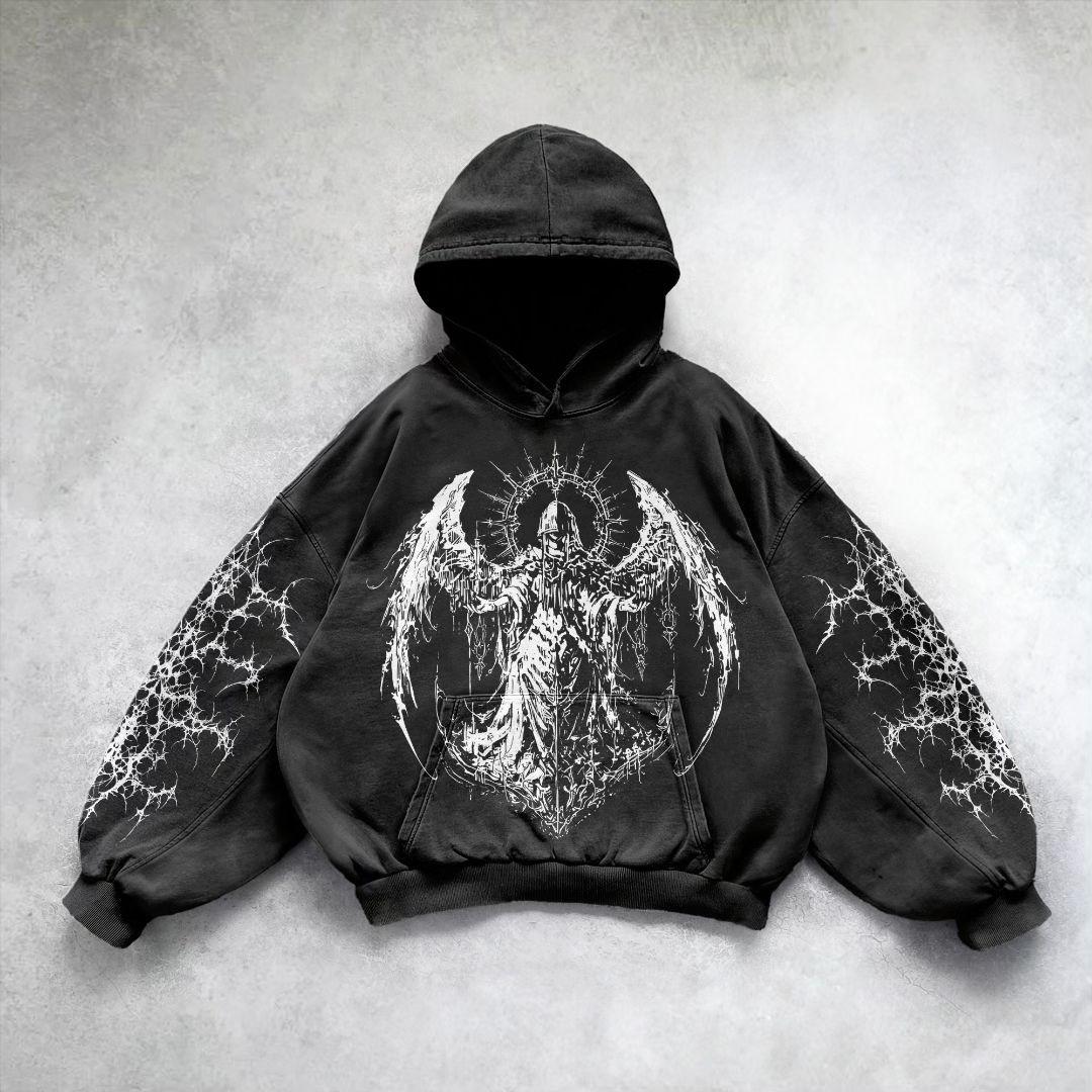 Vintage Pattern Print Acid Washed Oversized Hoodie Product Image