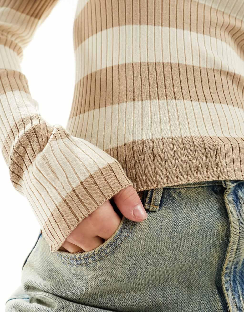 JDY ribbed long sleeve top in tonal beige stripe Product Image