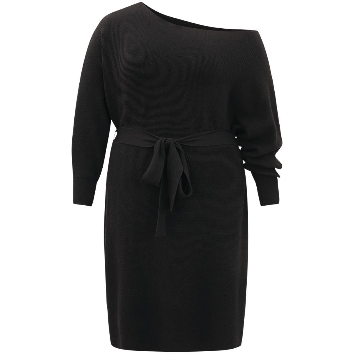 Plus Size Supersoft Essentials Boat Neck Belted Sweater Dress Black Women Casual Long Sleeve Everyday Sweater Dresses BloomChic 12/L Product Image