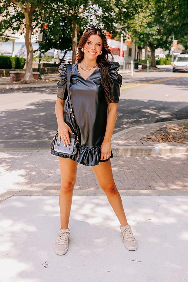 Stylish Setting Faux Leather Mini Dress in Black Product Image