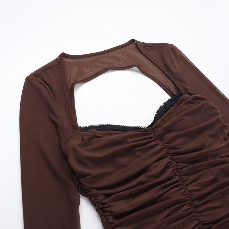 Long Sleeve Square Neck Ruched Bodycon Mini Dress Product Image