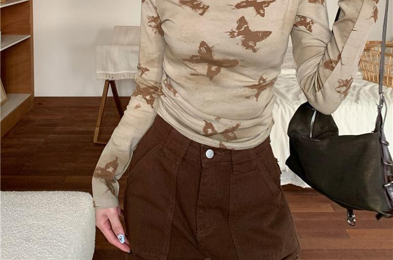 Long Sleeve Mock Neck Butterfly Print Ruched Top Product Image
