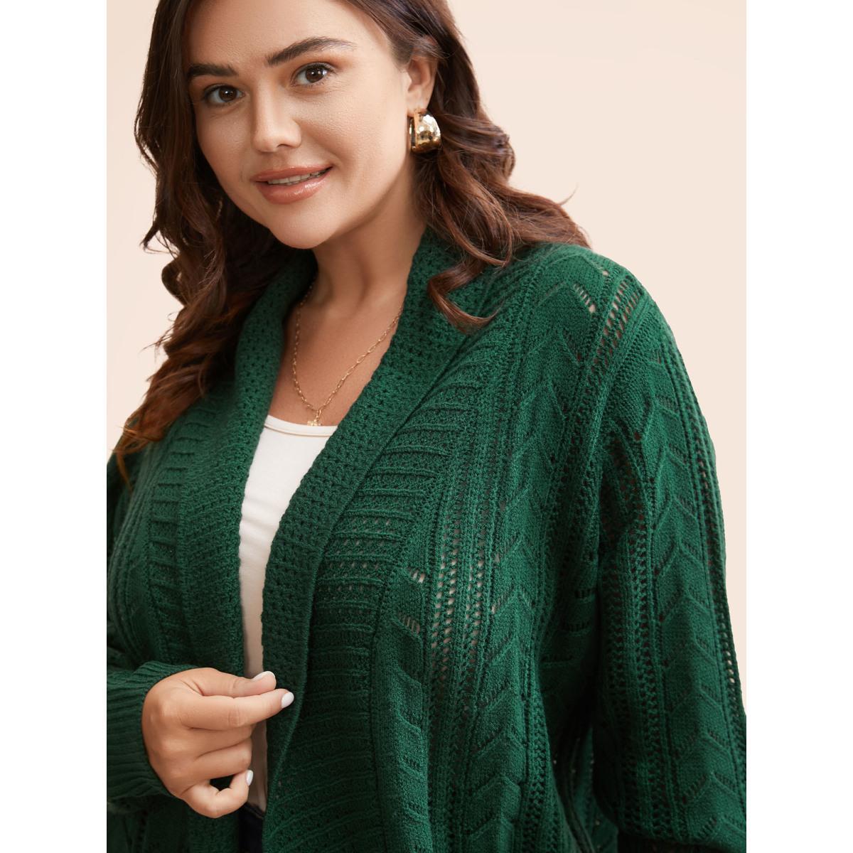 Plus Size Kimono Collar Cable Knit Arc Hem Cardigan DarkGreen Women Casual Loose Long Sleeve Everyday Cardigans BloomChic 30/6X Product Image