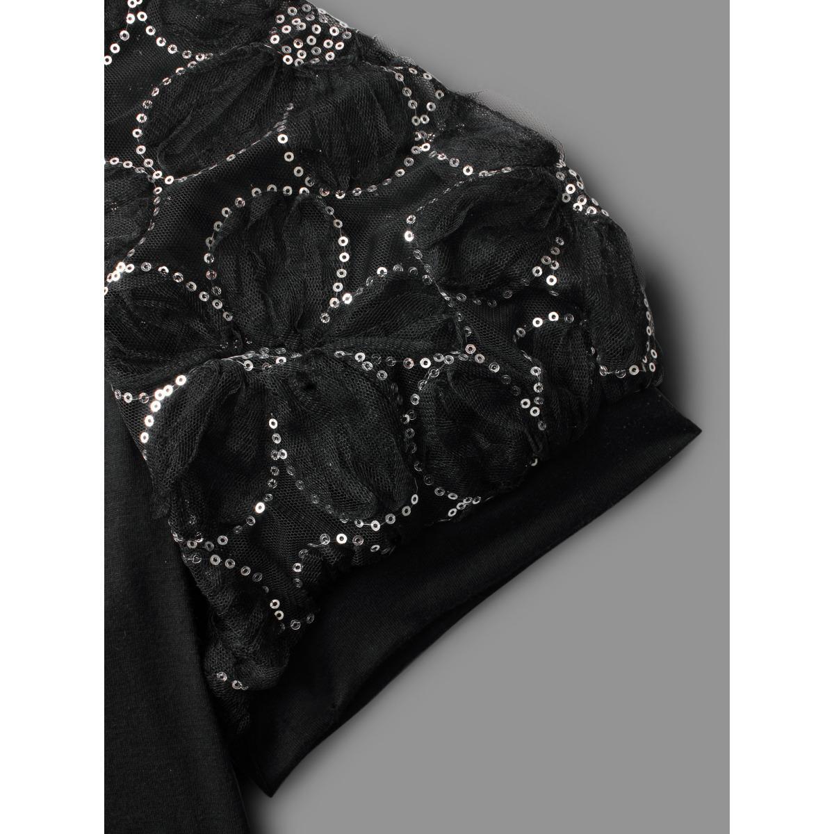 Plus Size Floral Sequin Mesh Round Neck T-shirt Black Women Elegant See through Round Neck Everyday T-shirts BloomChic 18-20/2X Product Image