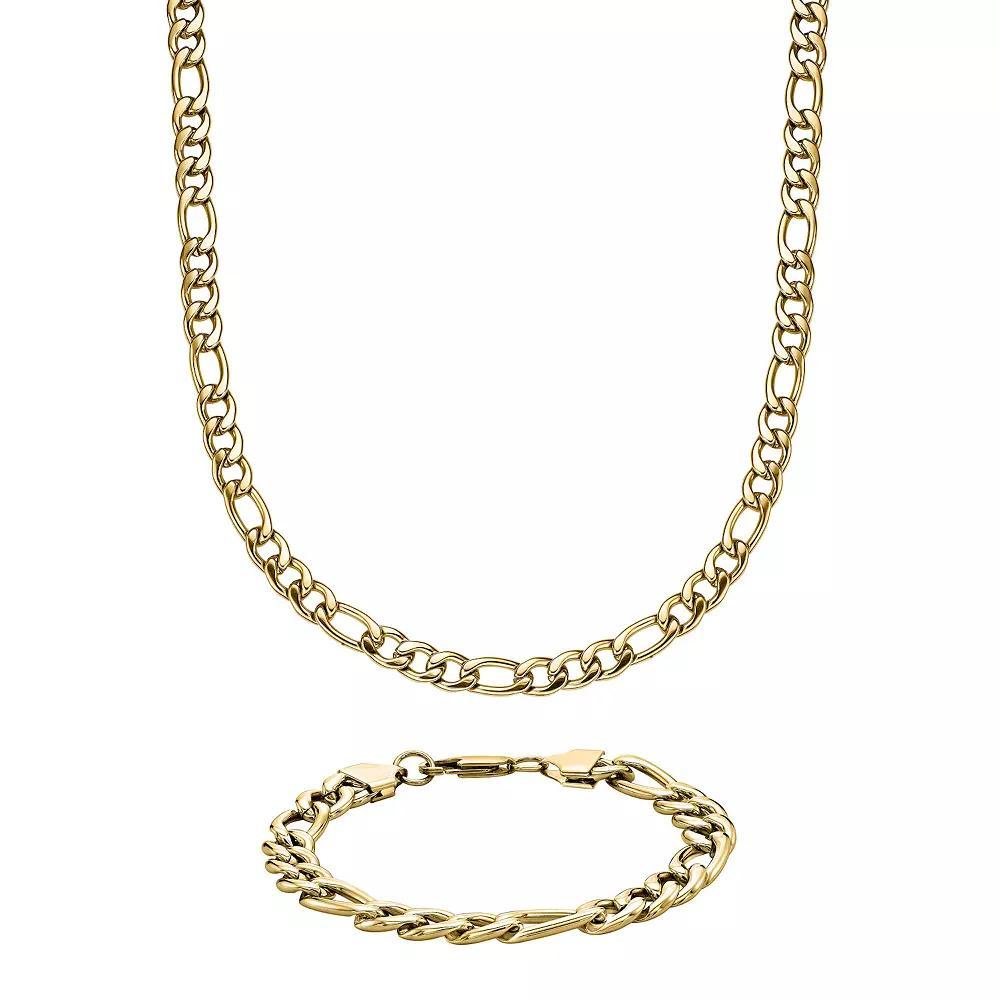 LYNX Gold Tone Ion-Plated Stainless Steel Figaro Chain Bracelet & Necklace Set, Men's, Size: 22" Product Image