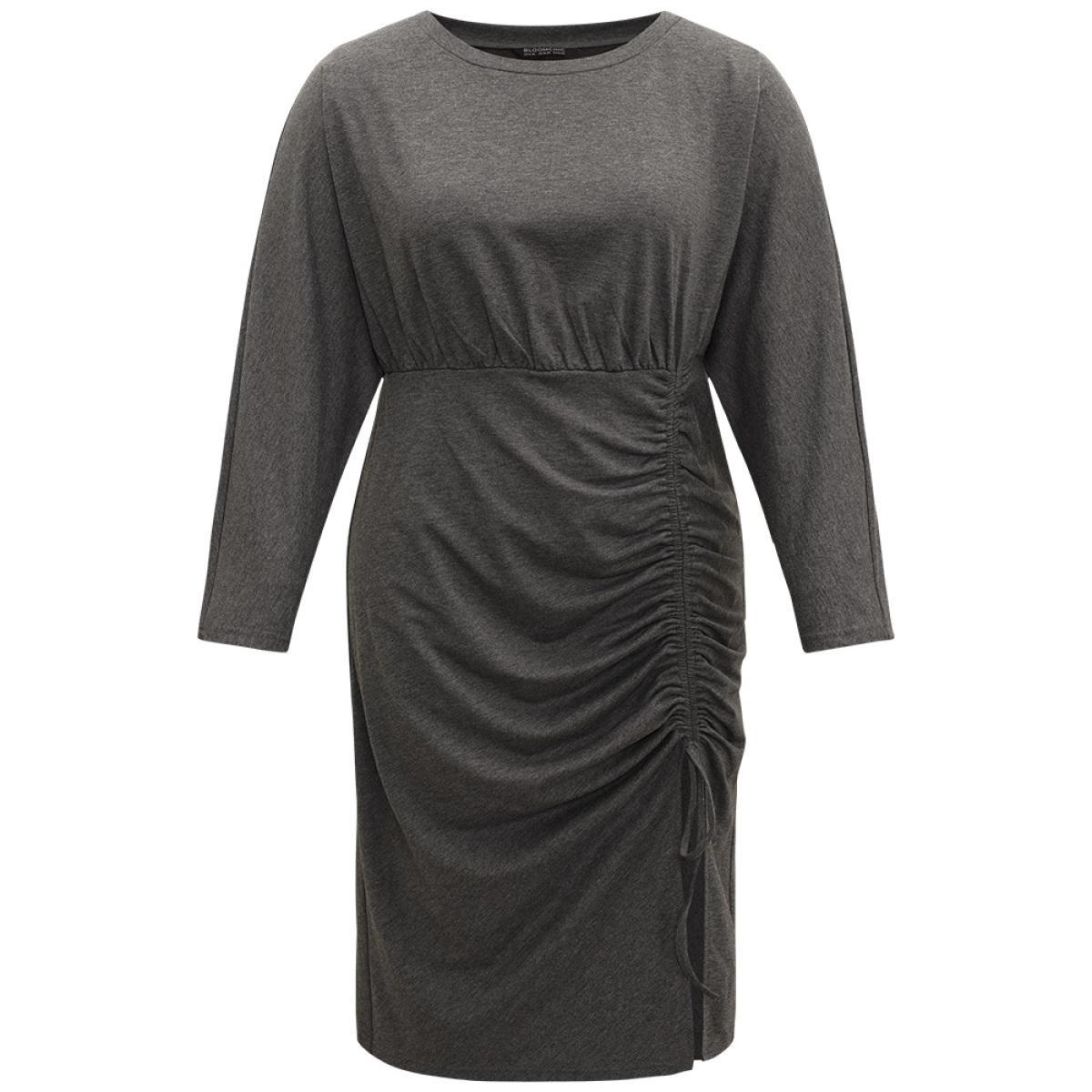Plus Size Split Hem Drawstring Batwing Sleeve Dress DimGray Women Casual Plain Round Neck Elbow-length sleeve Curvy Midi Dress BloomChic 18-20/2X Product Image