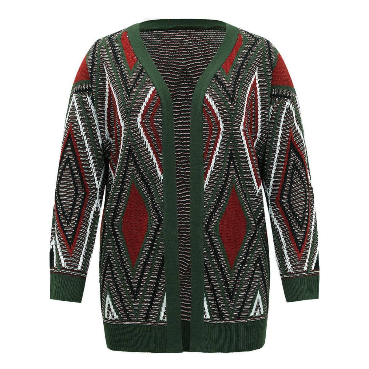 Plus Size Geometric Contrast Open Front Cardigan DarkGreen Women Casual Loose Long Sleeve Dailywear Cardigans BloomChic 28/5X Product Image
