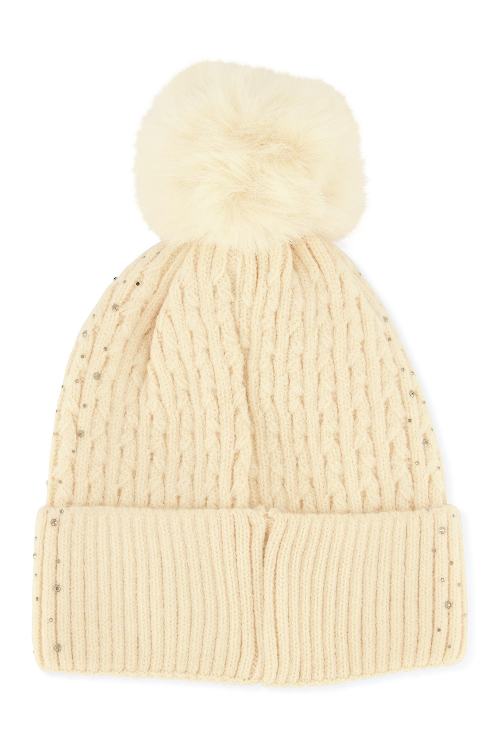 Rhinestone Cable Knit Pom Pom Beanie Female Product Image