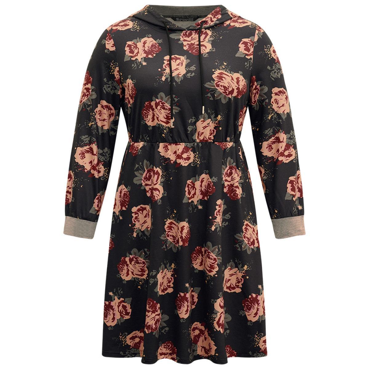 Plus Size Floral Elastic Waist Hooded Drawstring Pocket Dress Black Women Casual Printed Hooded Long Sleeve Curvy Midi Dress BloomChic 12/L Product Image