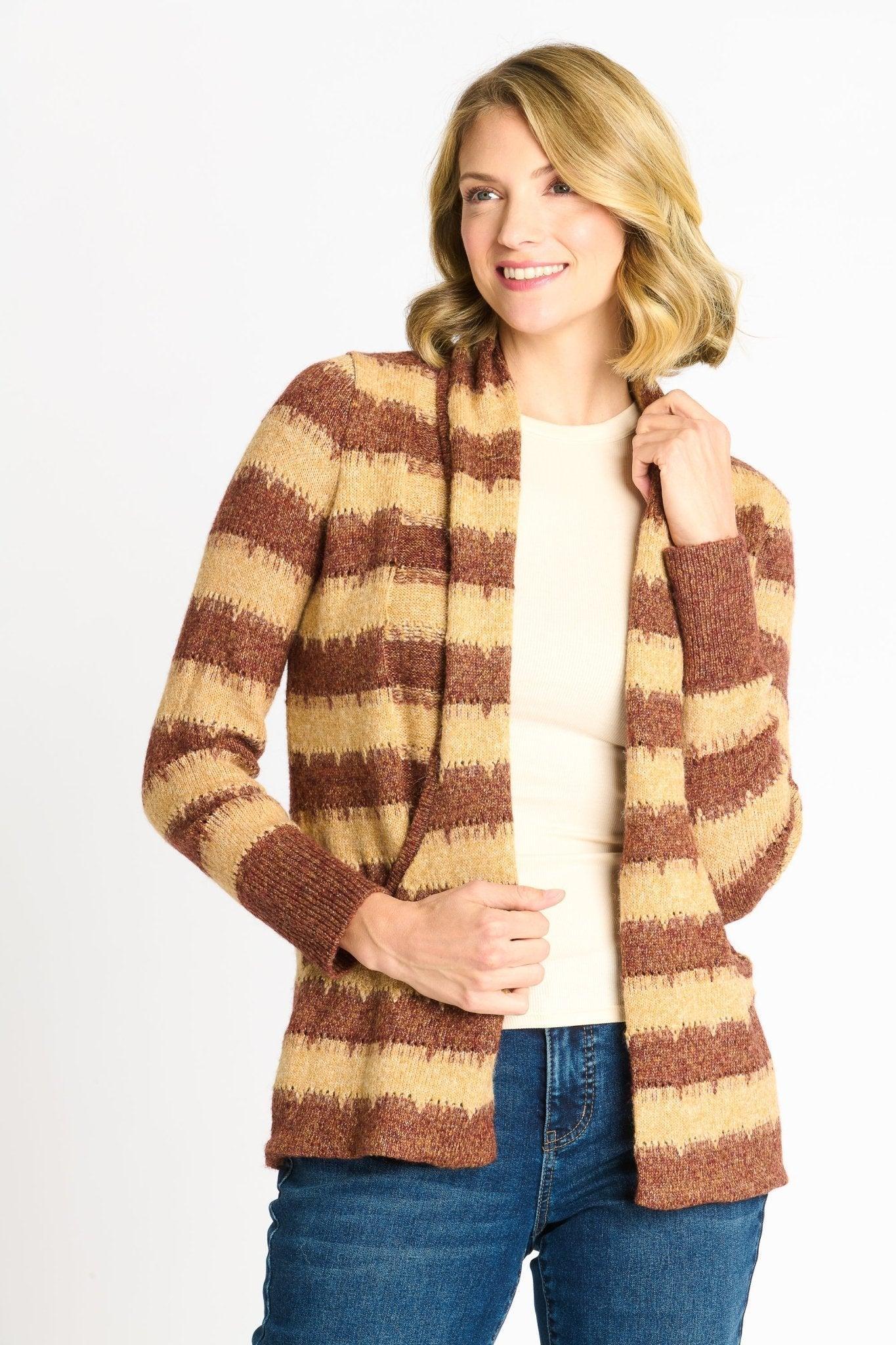 Wave Stripe J-Pocket Cardigan Sweater, Caramel Heather Product Image