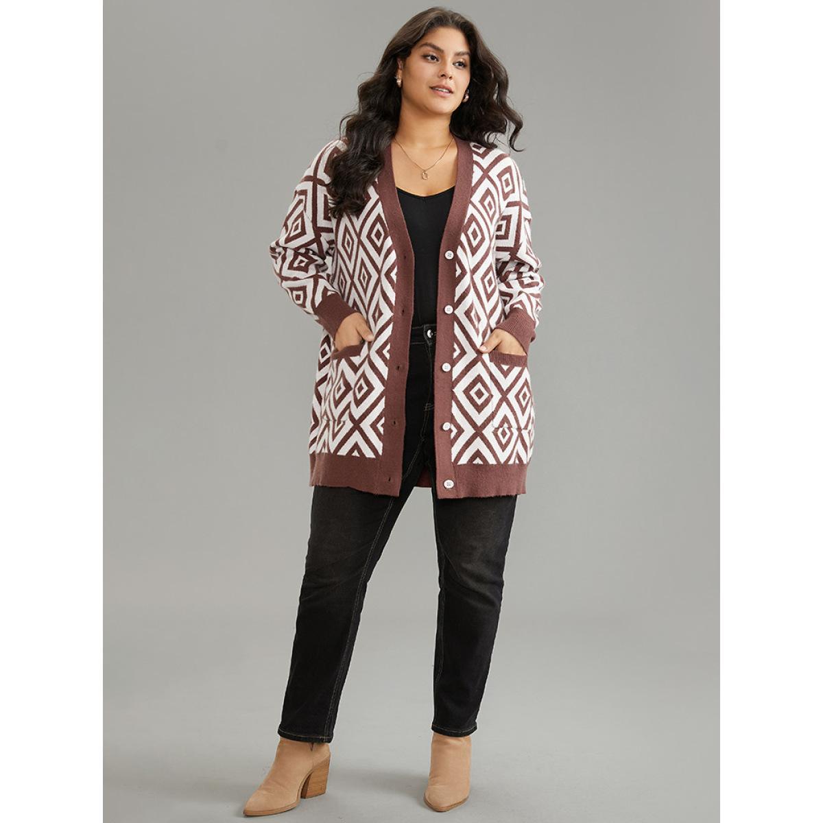 Plus Size Supersoft Essentials Geometric Button Through Cardigan Maroon Women Casual Loose Long Sleeve Dailywear Cardigans BloomChic 30/6X Product Image