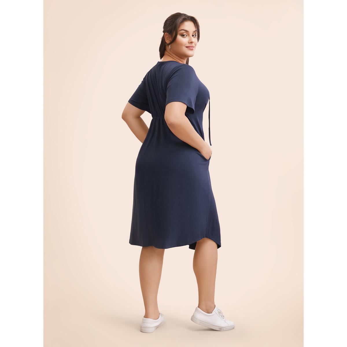 Plus Size Solid Lace Up Pocket Midi Dress Indigo Women Casual Wraparound straps V-neck Short sleeve Curvy BloomChic 18-20/2X Product Image