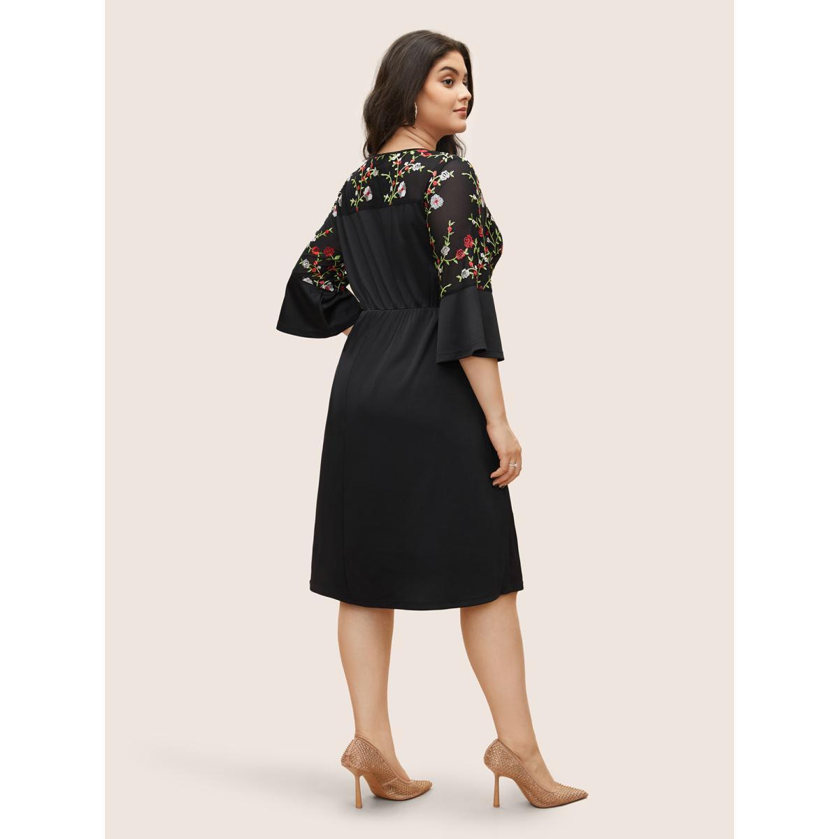 Plus Size Floral Embroidered Pocket Mesh Patchwork Dress Black Women Cocktail Non Round Neck Elbow-length sleeve Curvy Midi Dress BloomChic 14-16/1X Product Image