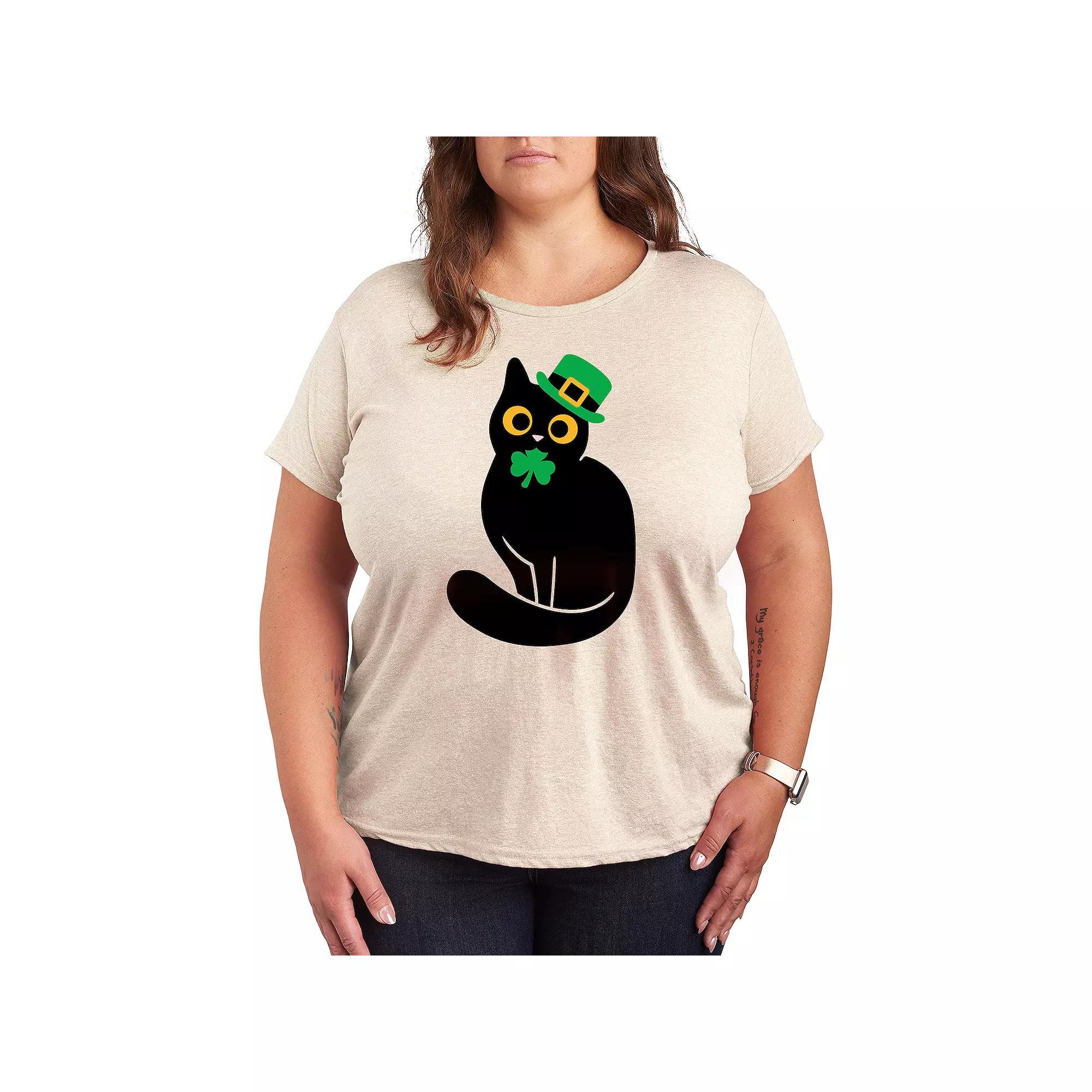 Plus Black Cat Holding Clover Graphic Tee, Womens Grey Gray Product Image