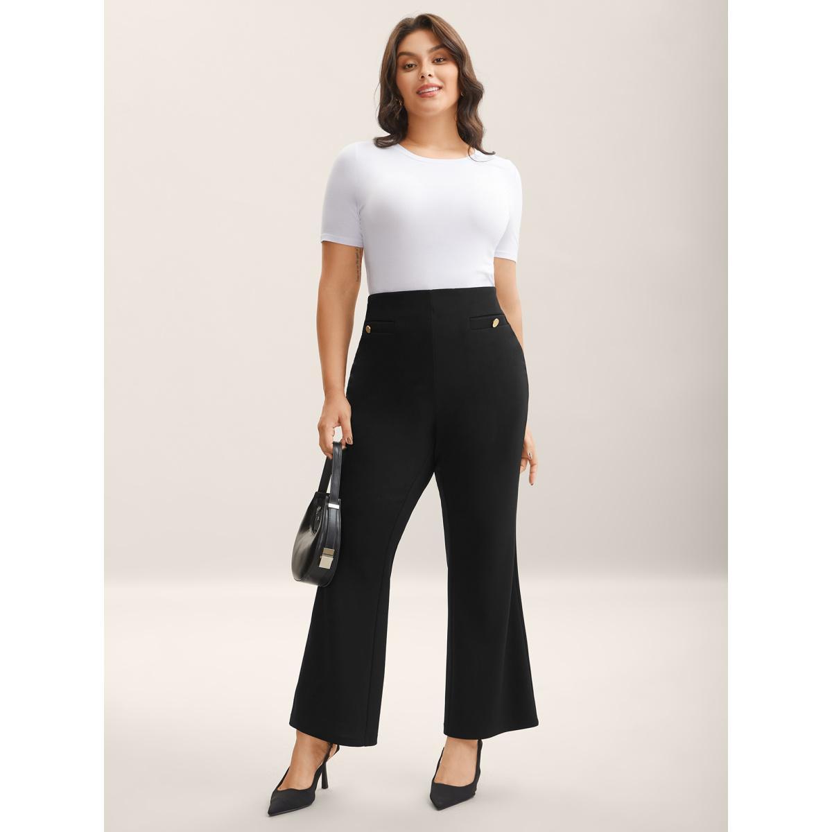 Plus Size Button Detail Anti-Seam Flared Pants Women Black At the Office Bootcut Mid Rise Work Pants BloomChic 22-24/3X Product Image