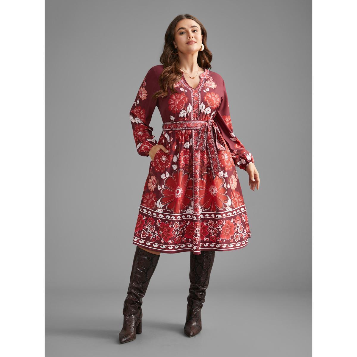 Plus Size Boho Print Belted Lantern Sleeve Dress Burgundy Women Cocktail Belted Notched collar Long Sleeve Curvy BloomChic 22-24/3X Product Image