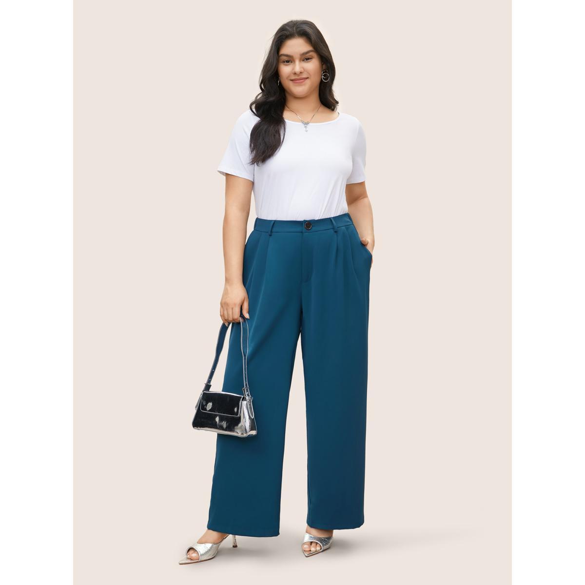 Plus Size Solid Elastic Waist Straight Leg Pants Women Aegean At the Office Straight Leg High Rise Work Pants BloomChic 12/L Product Image