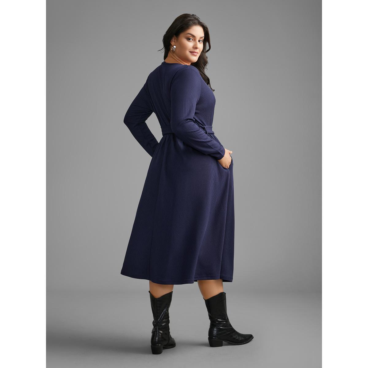 Plus Size Solid Overlap Collar Belted Knit Dress DarkBlue Women Casual Texture Knit Dresses Bloomchic 10/M Product Image
