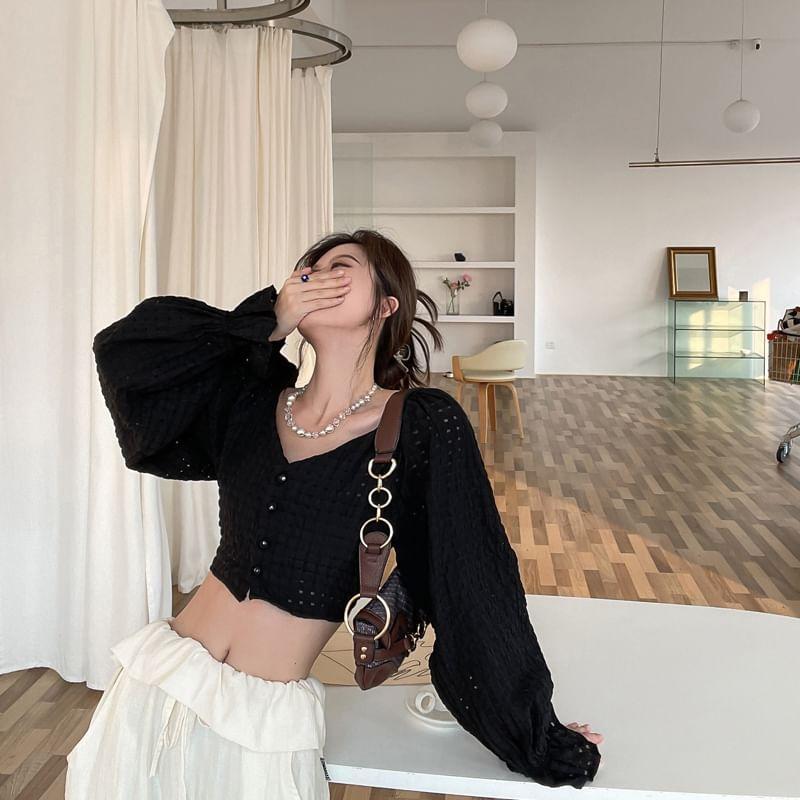 Bell-Sleeve Off-Shoulder Perforated Crop Blouse Product Image