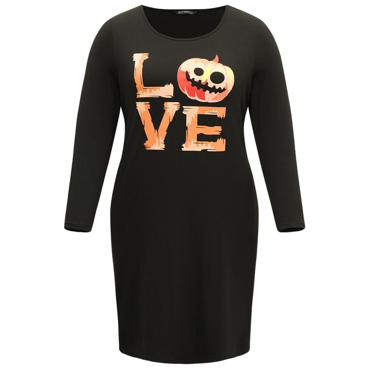 Plus Size Halloween Pumpkin & Letter Print Pocket Lace Panel Dress Black Women Casual Printed Curvy Midi Dress BloomChic 12/L Product Image