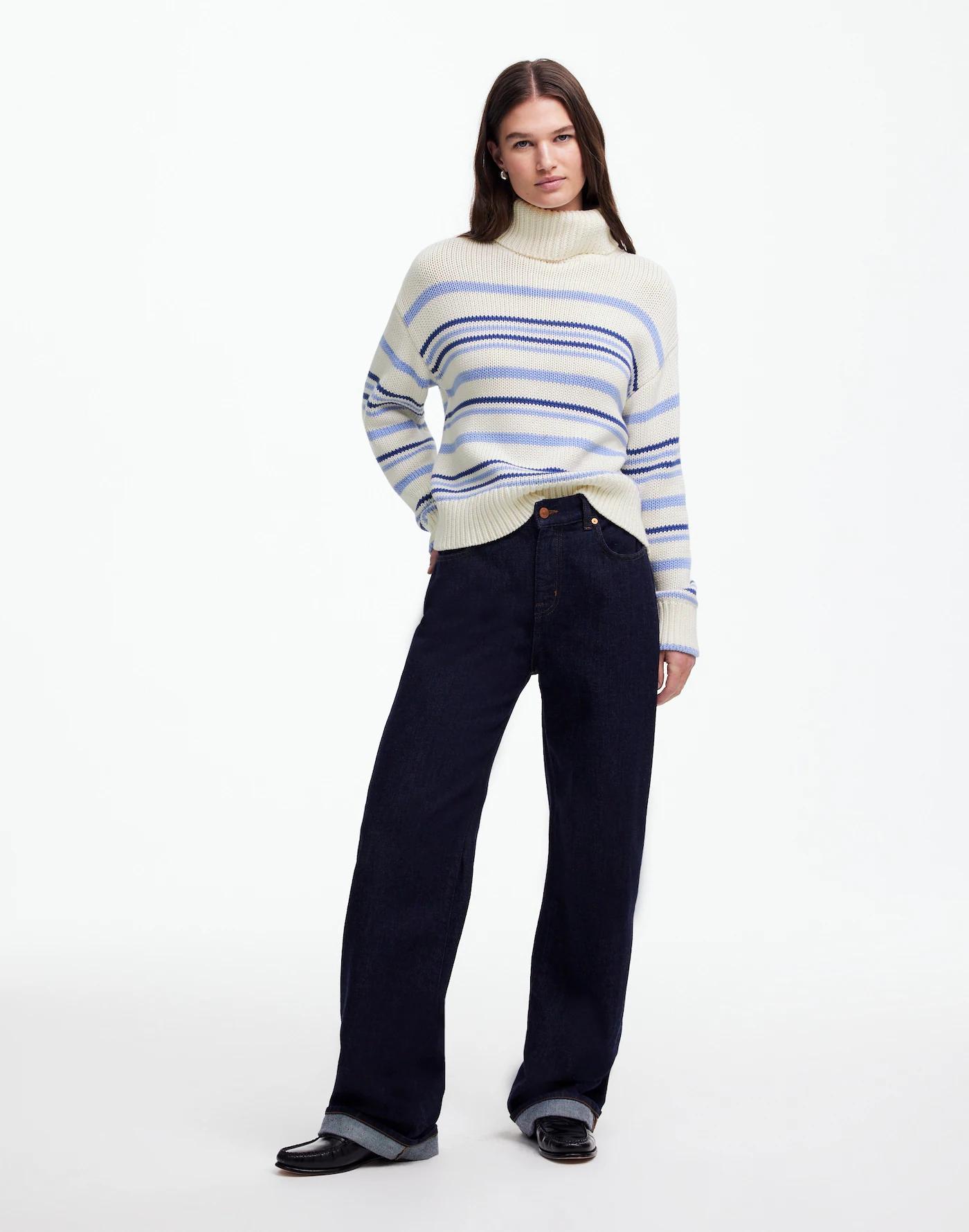 Ribbed Cotton Turtleneck Sweater in Stripe Product Image