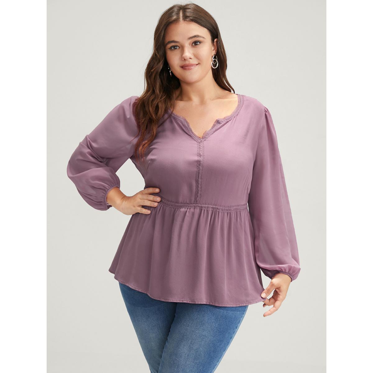Plus Size DustyPink Solid Crochet Lace Lantern Sleeve Flutter Blouse Women Elegant Long Sleeve Notched collar Dailywear Blouses BloomChic 14-16/1X Product Image