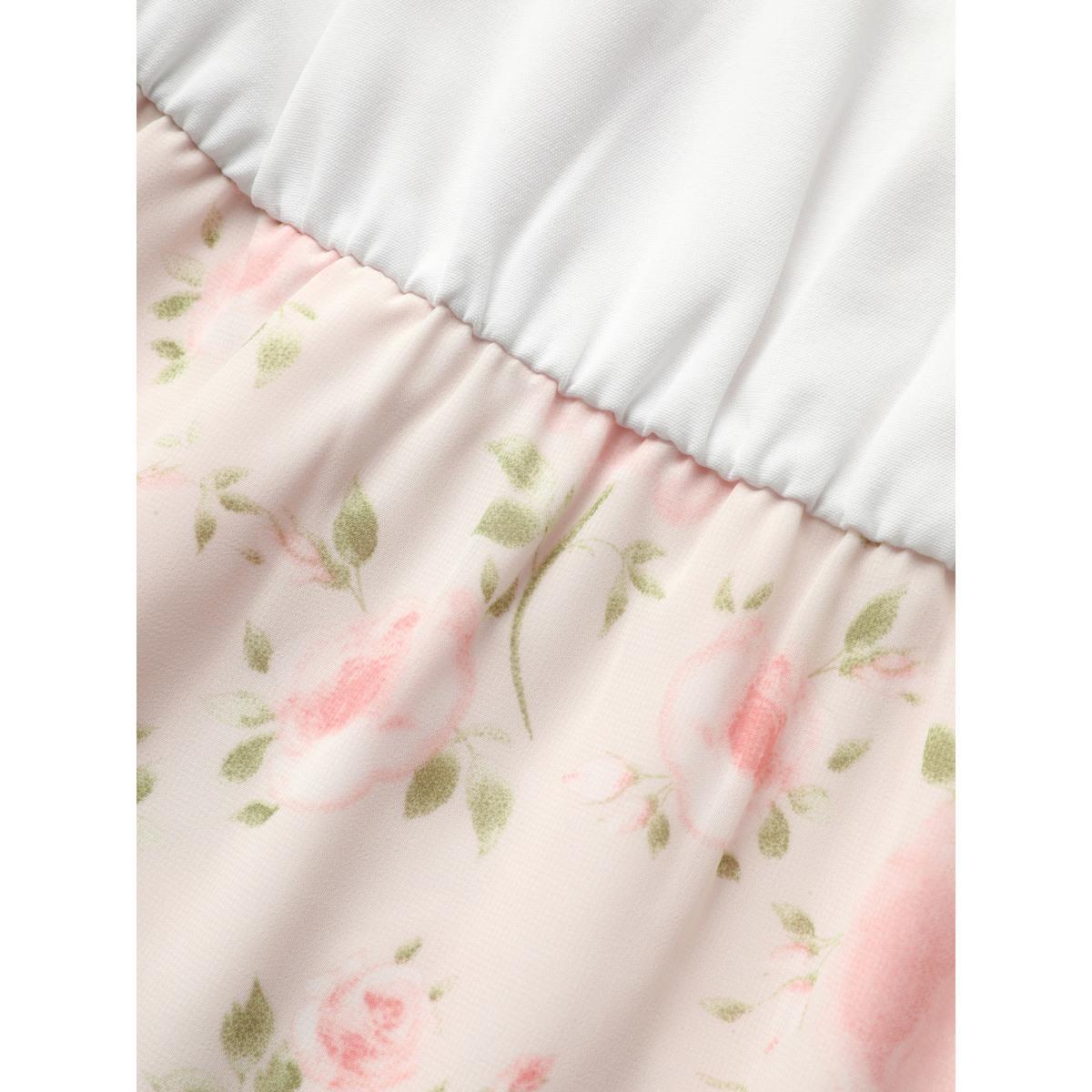 Plus Size Chiffon Floral Patchwork Ruffle Trim Midi Dress Nudepink Women Elegant Belted V-neck Cap Sleeve Curvy BloomChic 18-20/2X Product Image