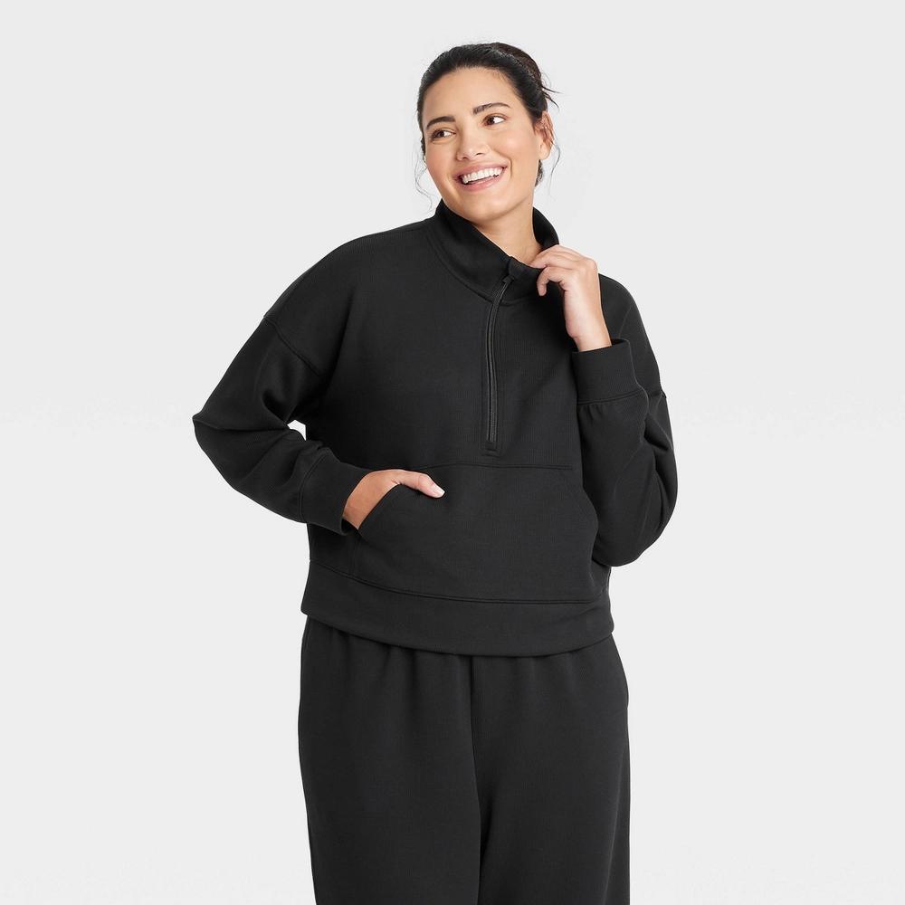Womens Airy Sleek Ribbed 1/2 Zip Pullover Sweatshirt - All In Motion Black XS: Relaxed Fit, Kangaroo Pocket Product Image