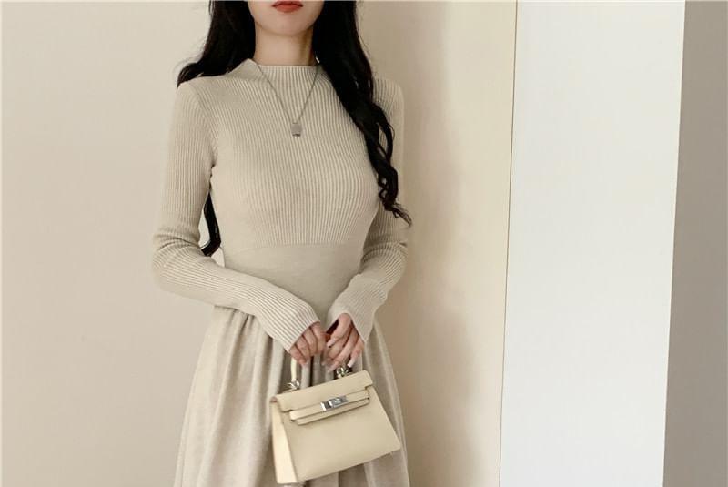 Long-Sleeve Mock Neck Plain Ruched Maxi A-Line Knit Dress Product Image