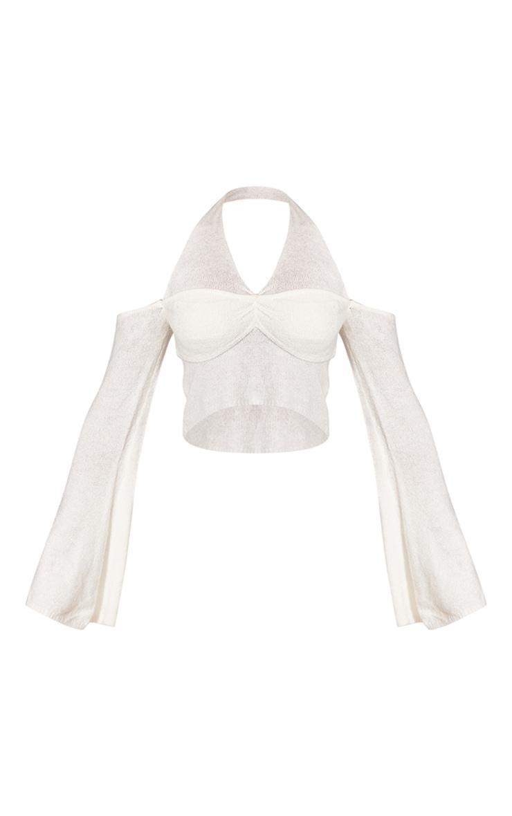 Cream Boucle Knit Halter Neck Flare Sleeve Top Product Image